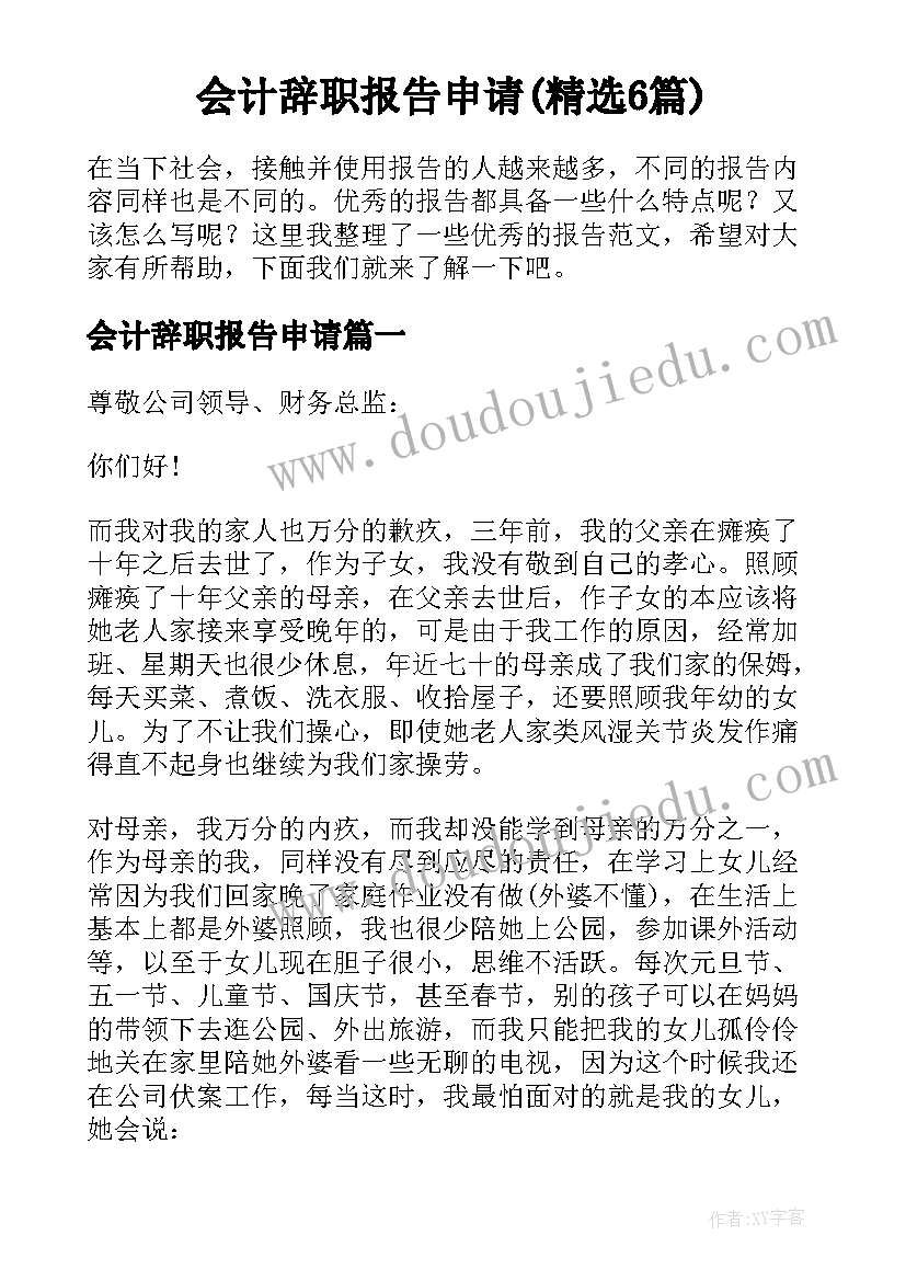 会计辞职报告申请(精选6篇)