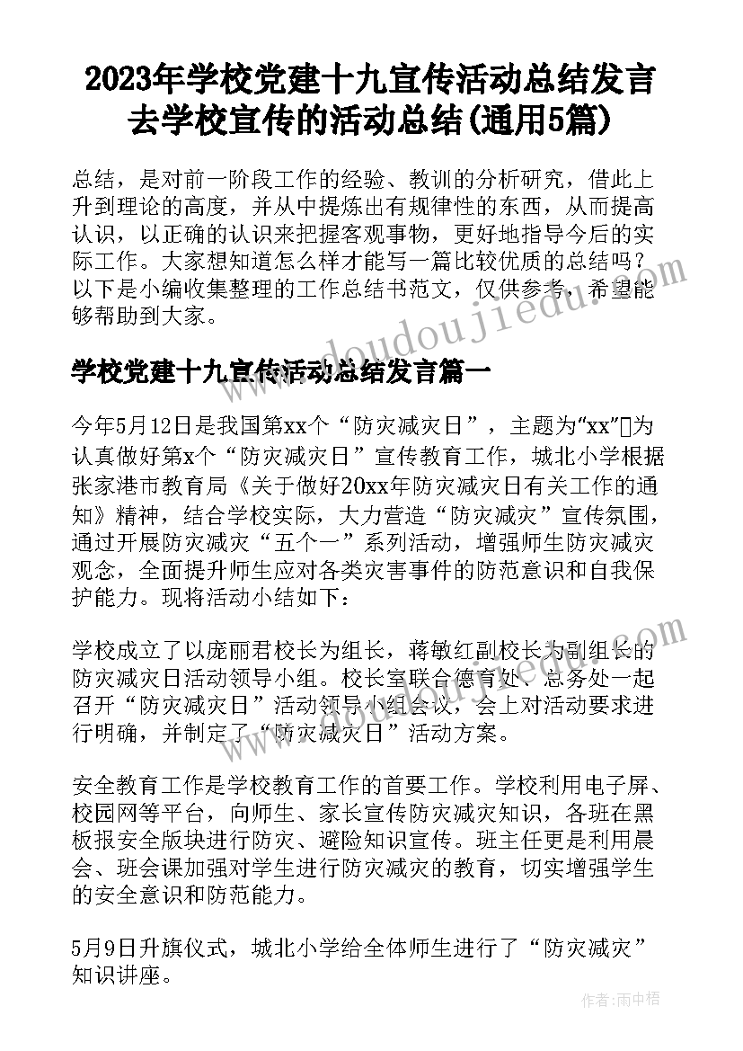 2023年学校党建十九宣传活动总结发言 去学校宣传的活动总结(通用5篇)