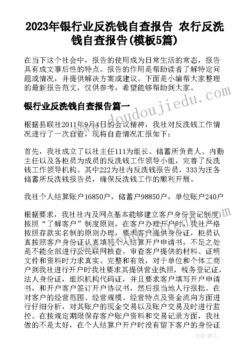 2023年银行业反洗钱自查报告 农行反洗钱自查报告(模板5篇)