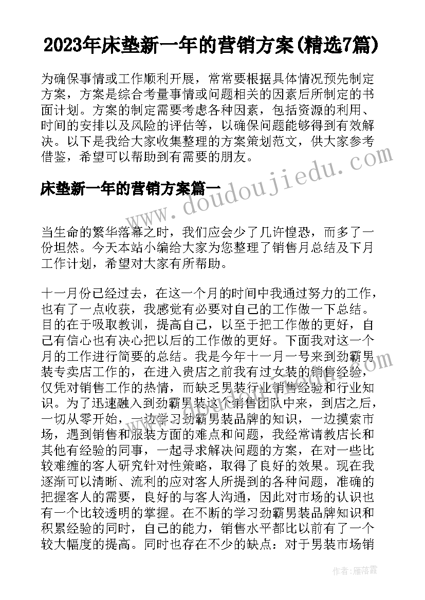 2023年床垫新一年的营销方案(精选7篇)