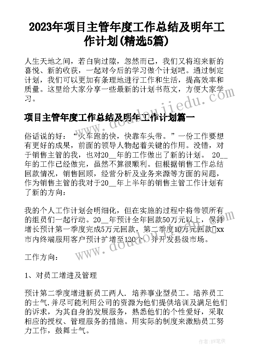 2023年项目主管年度工作总结及明年工作计划(精选5篇)