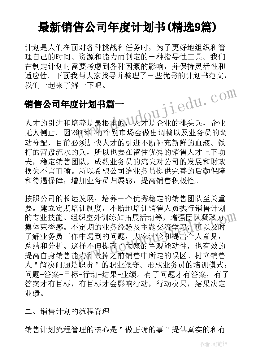 最新销售公司年度计划书(精选9篇)