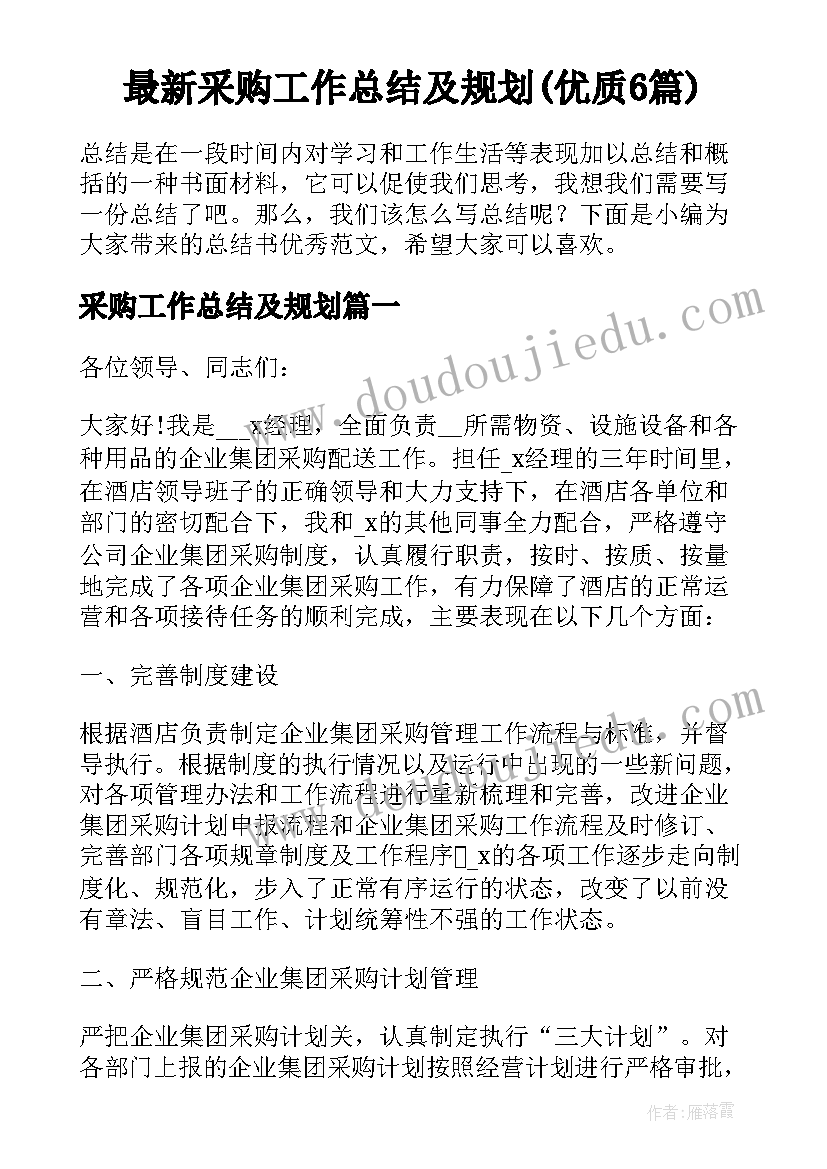 最新采购工作总结及规划(优质6篇)