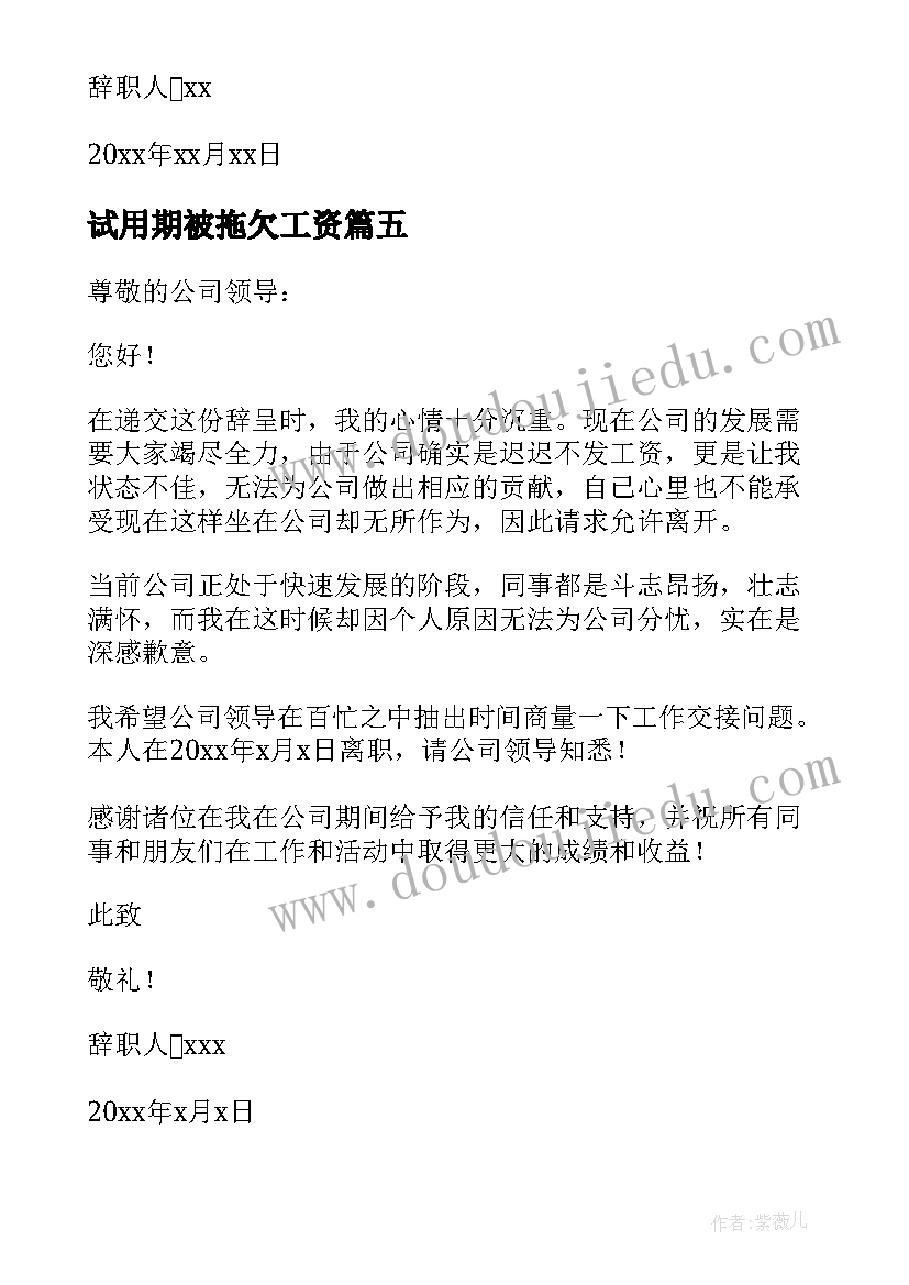 最新试用期被拖欠工资 工资拖欠的辞职报告(汇总7篇)