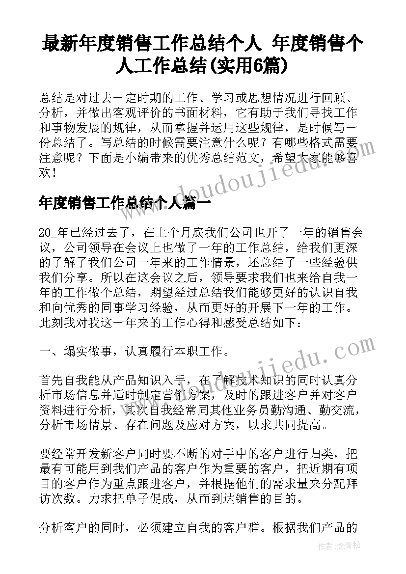 最新年度销售工作总结个人 年度销售个人工作总结(实用6篇)