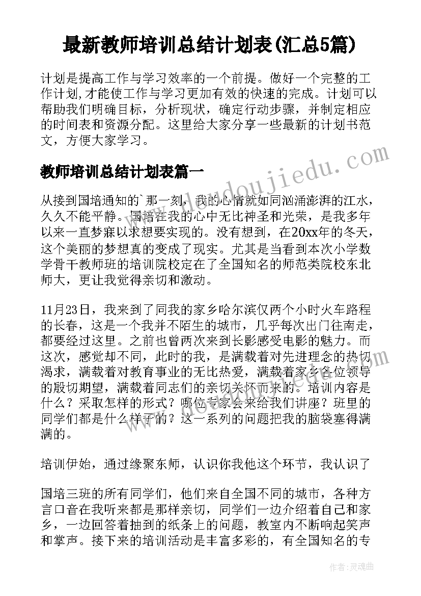 最新教师培训总结计划表(汇总5篇)