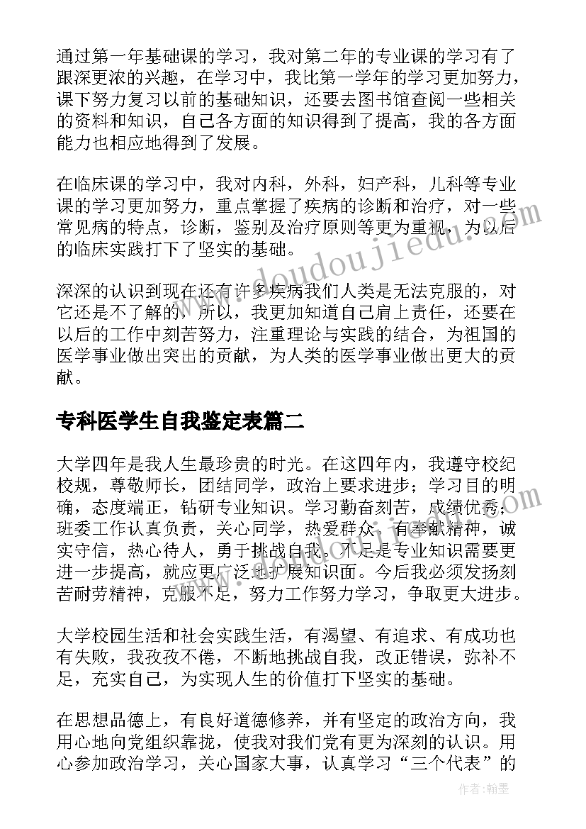 最新专科医学生自我鉴定表(模板8篇)