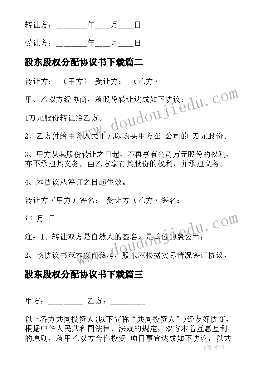 最新股东股权分配协议书下载 股东股权协议书(大全7篇)