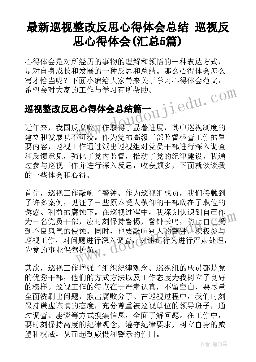 最新巡视整改反思心得体会总结 巡视反思心得体会(汇总5篇)