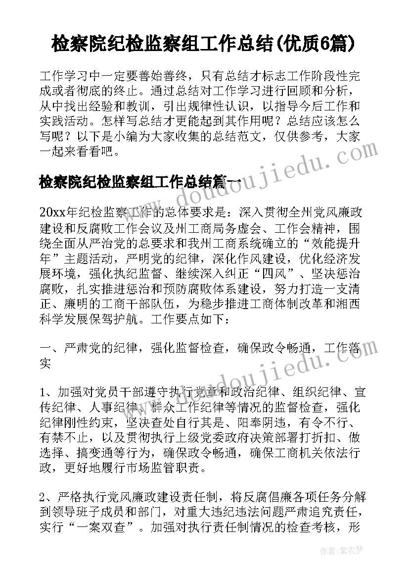 检察院纪检监察组工作总结(优质6篇)