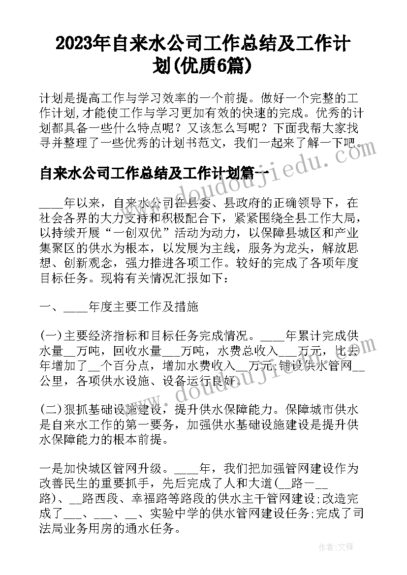 2023年自来水公司工作总结及工作计划(优质6篇)