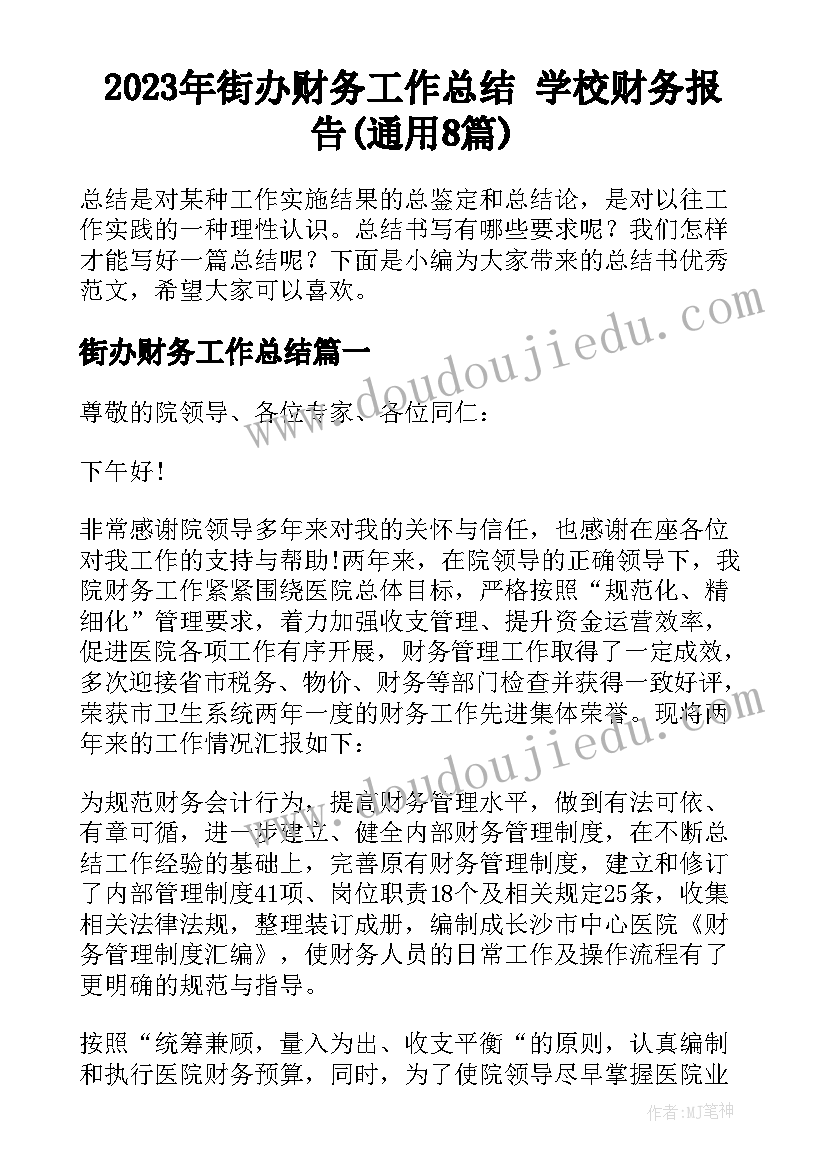 2023年街办财务工作总结 学校财务报告(通用8篇)