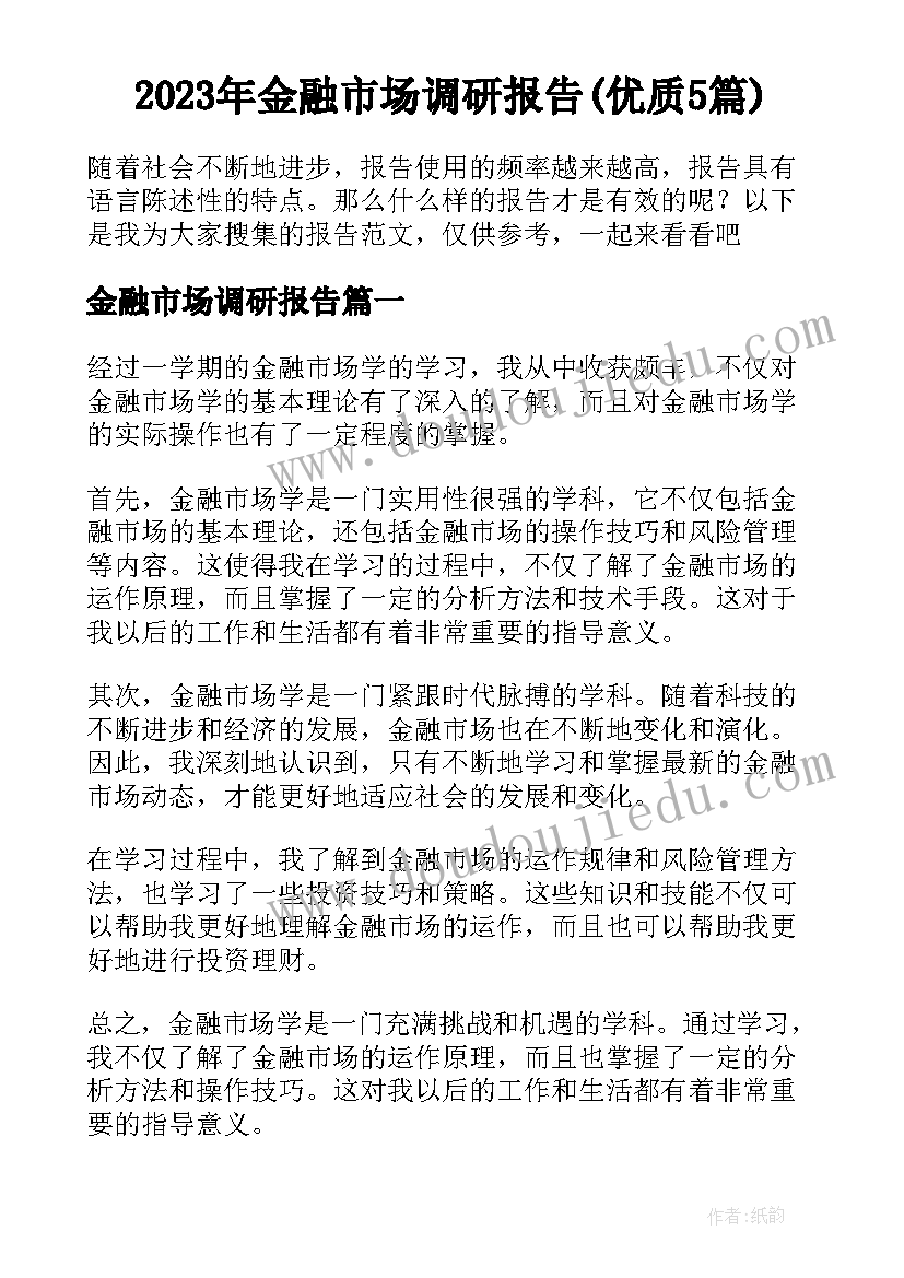 2023年金融市场调研报告(优质5篇)