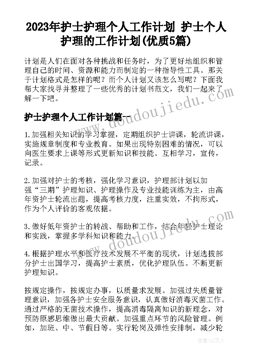 2023年护士护理个人工作计划 护士个人护理的工作计划(优质5篇)