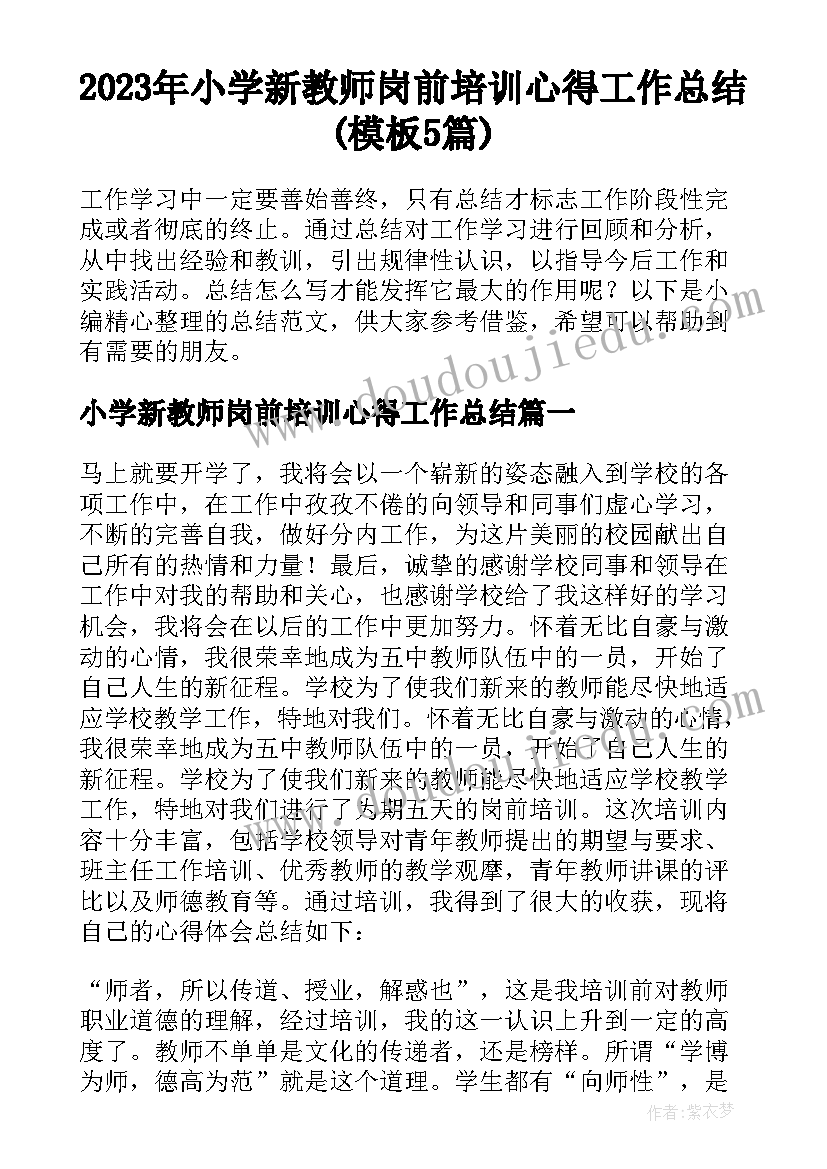 2023年小学新教师岗前培训心得工作总结(模板5篇)