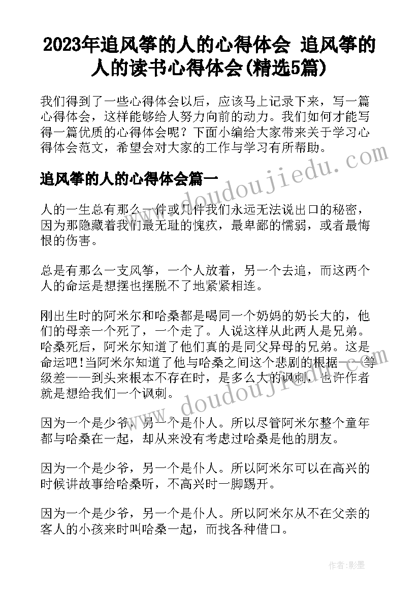 2023年追风筝的人的心得体会 追风筝的人的读书心得体会(精选5篇)