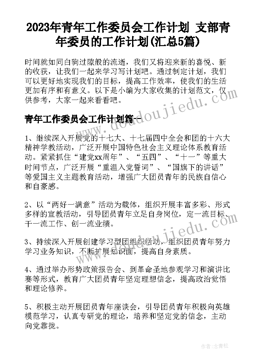 2023年青年工作委员会工作计划 支部青年委员的工作计划(汇总5篇)