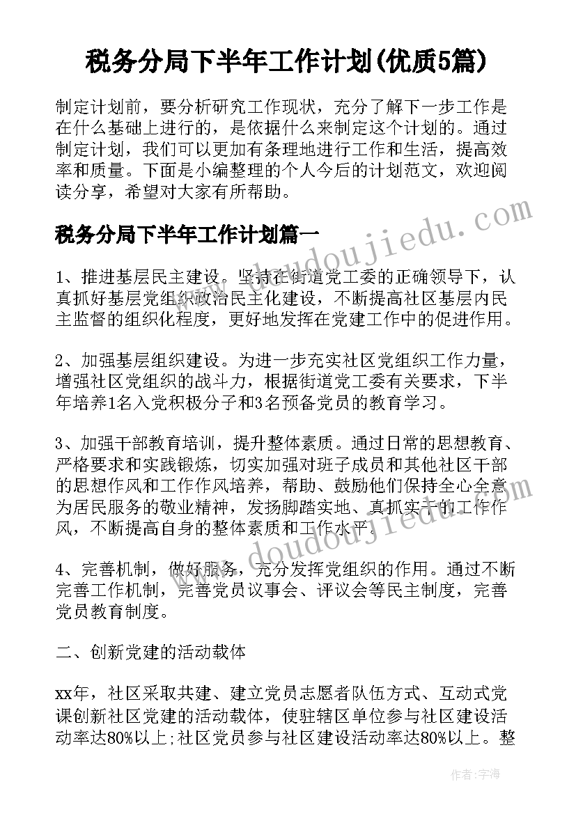 税务分局下半年工作计划(优质5篇)