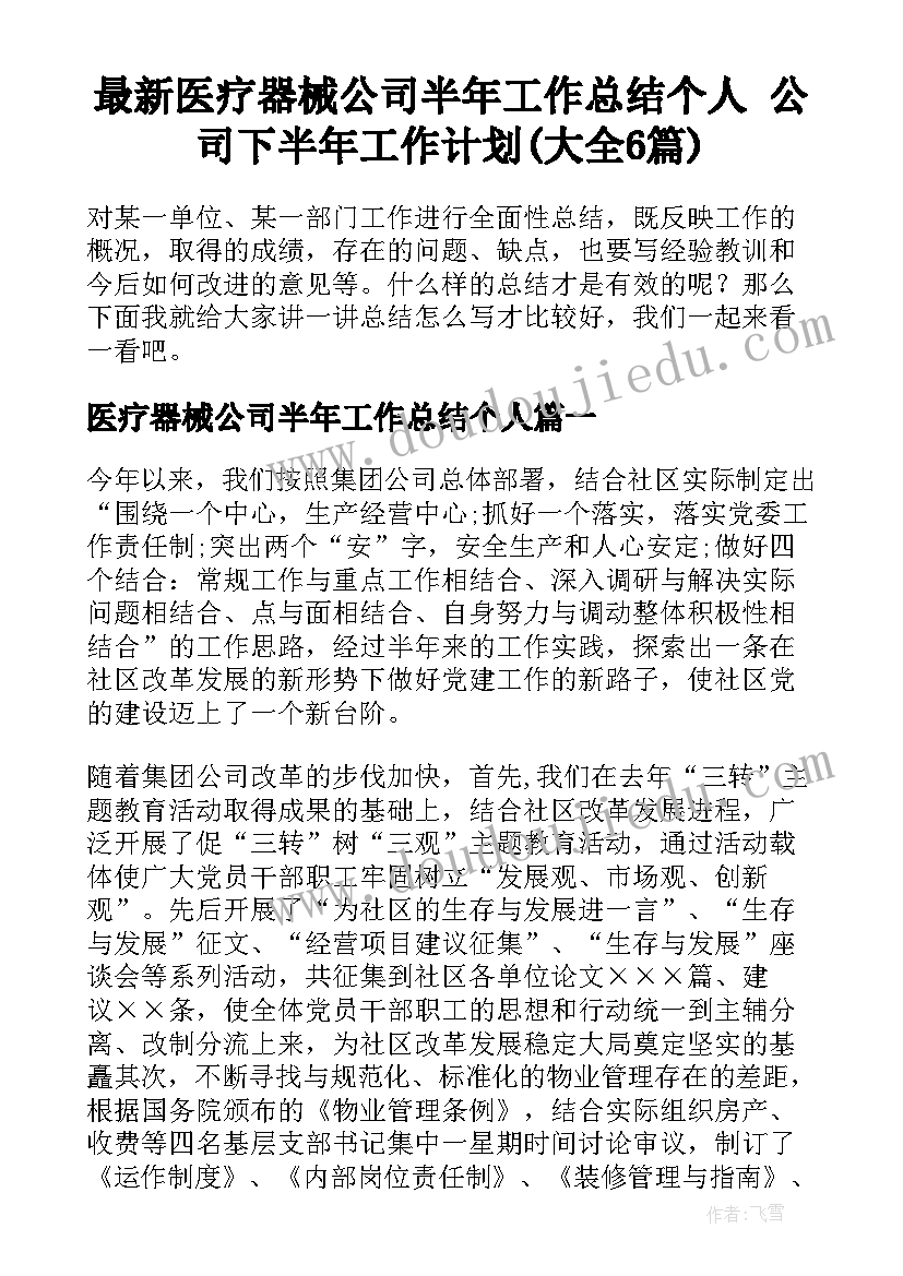 最新医疗器械公司半年工作总结个人 公司下半年工作计划(大全6篇)