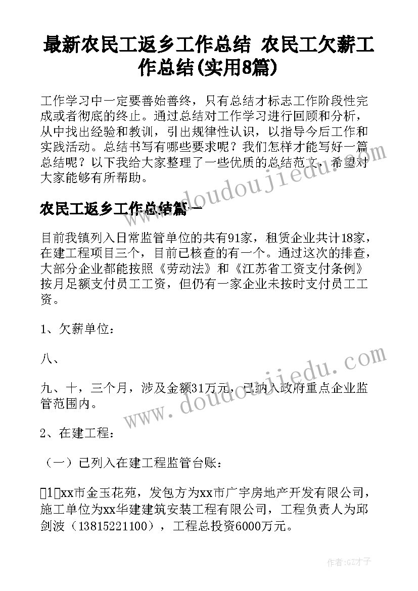 最新农民工返乡工作总结 农民工欠薪工作总结(实用8篇)