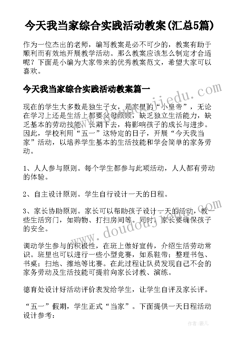 今天我当家综合实践活动教案(汇总5篇)