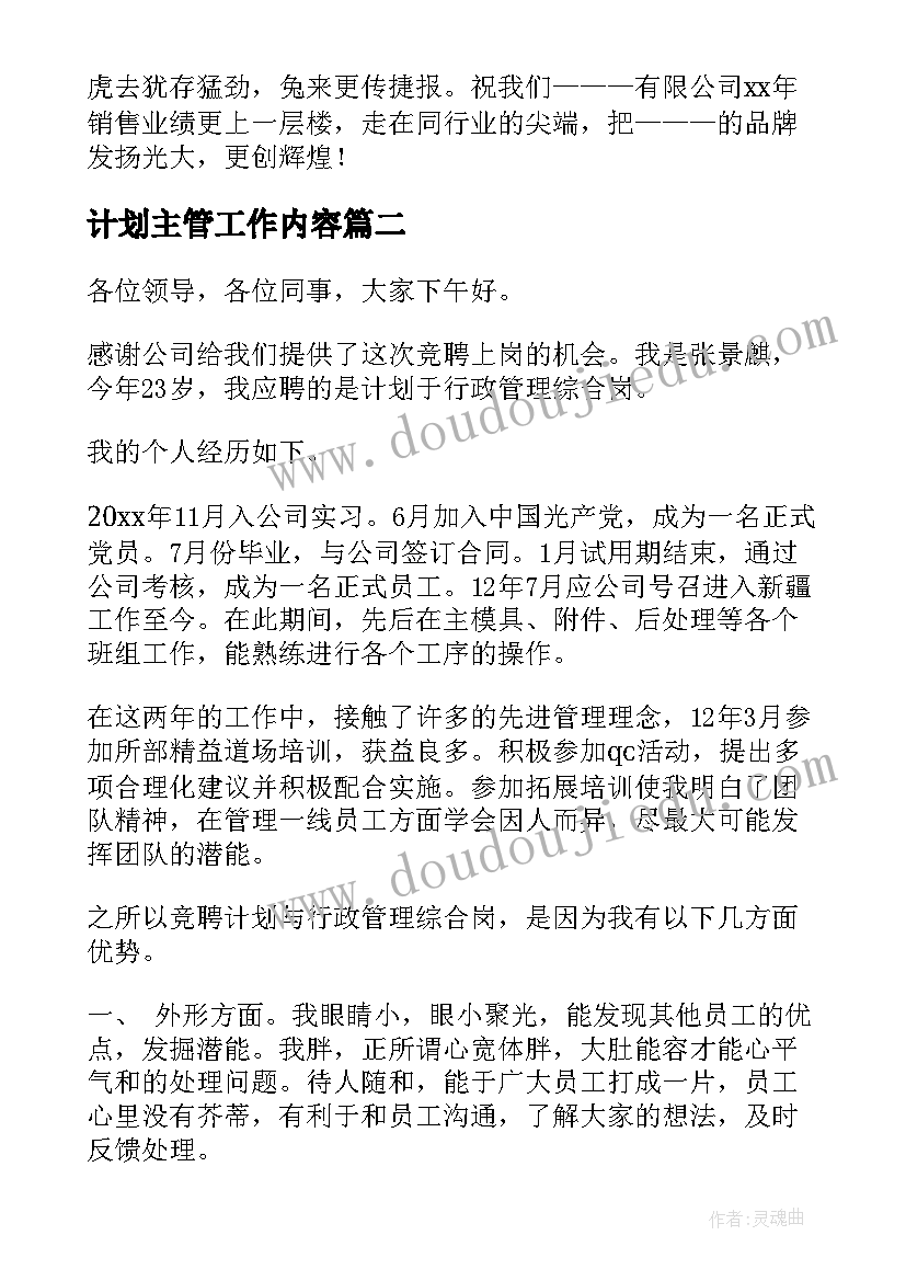 计划主管工作内容(汇总6篇)