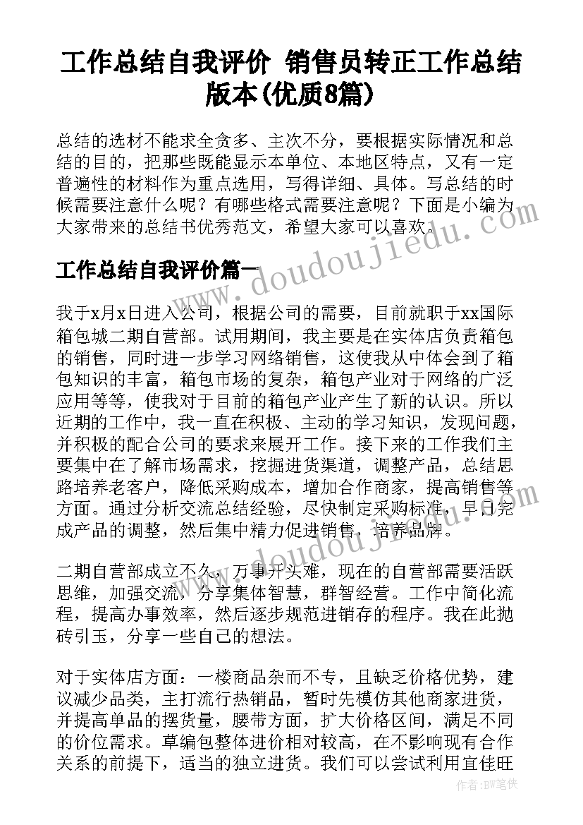 工作总结自我评价 销售员转正工作总结版本(优质8篇)