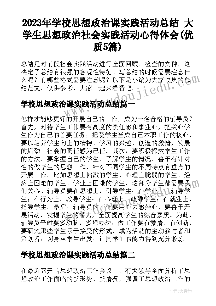 2023年学校思想政治课实践活动总结 大学生思想政治社会实践活动心得体会(优质5篇)