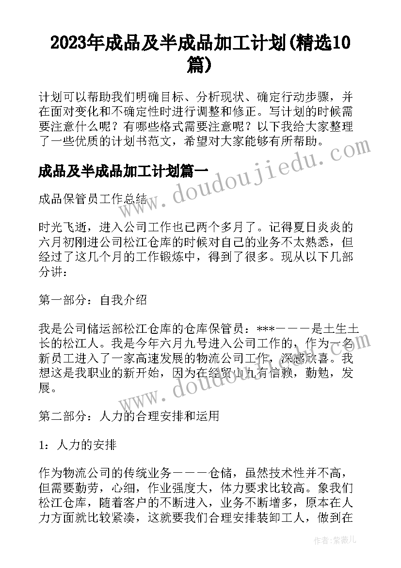 2023年成品及半成品加工计划(精选10篇)