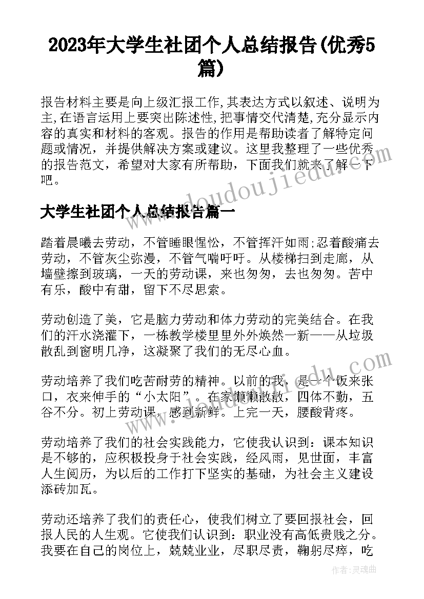 2023年大学生社团个人总结报告(优秀5篇)