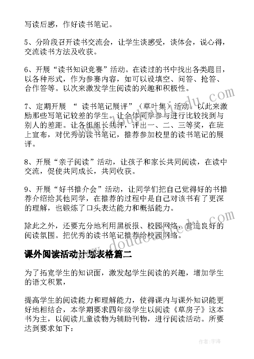 最新课外阅读活动计划表格 课外阅读活动计划(大全5篇)