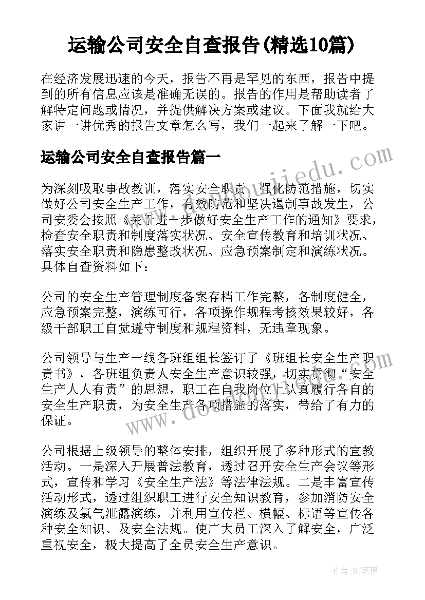 运输公司安全自查报告(精选10篇)