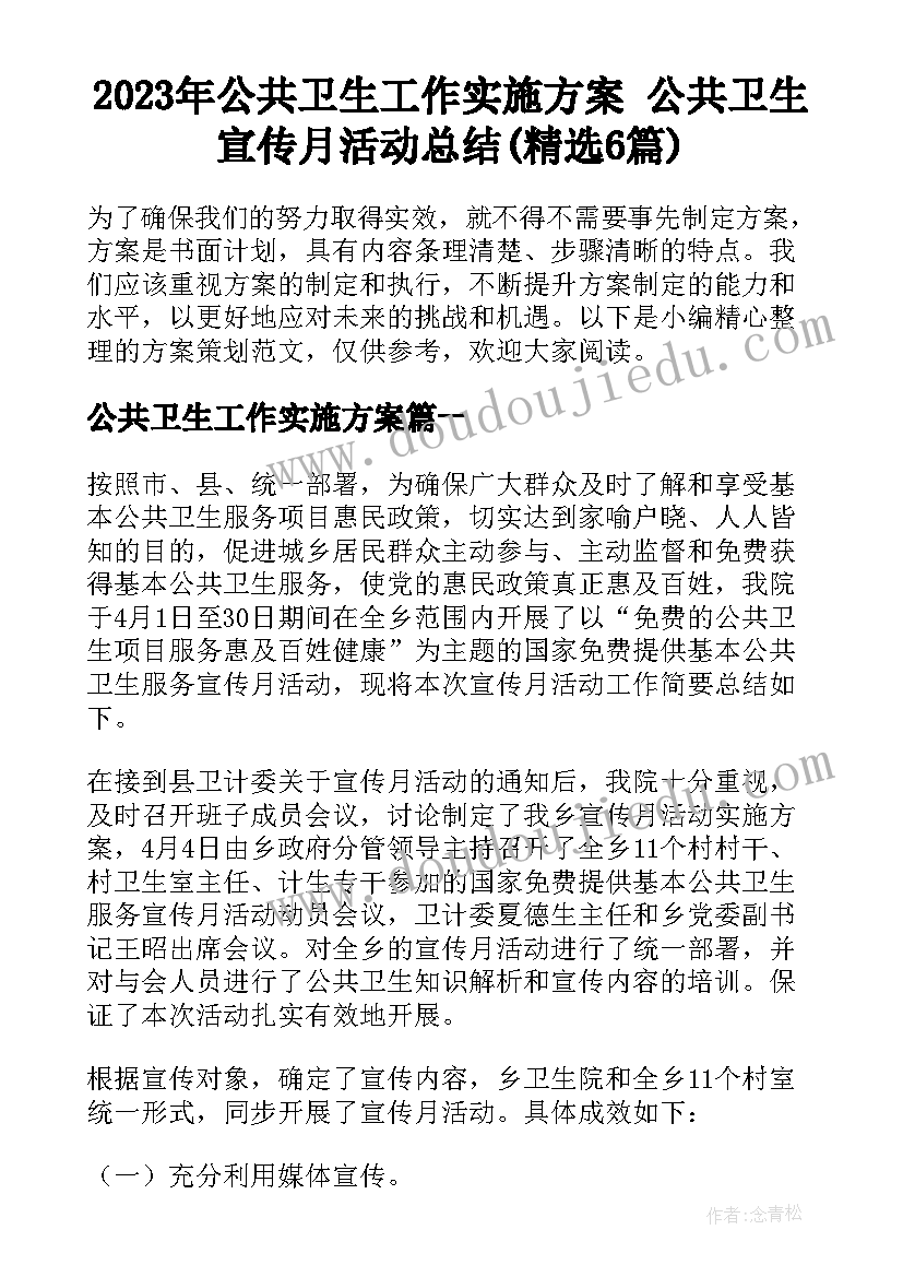 2023年公共卫生工作实施方案 公共卫生宣传月活动总结(精选6篇)