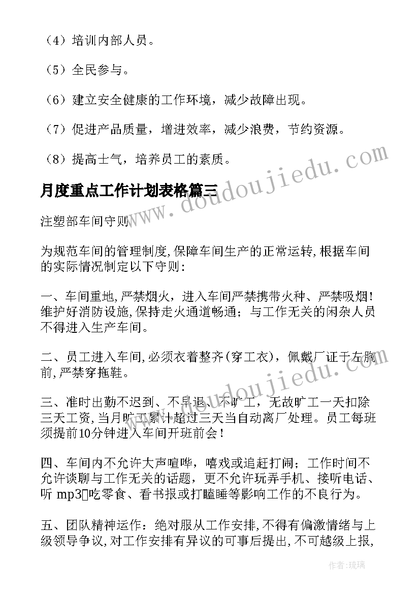 最新月度重点工作计划表格(实用5篇)