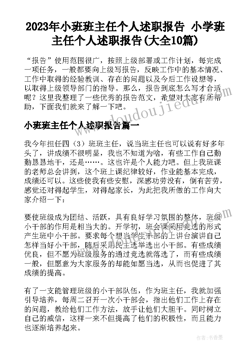 2023年小班班主任个人述职报告 小学班主任个人述职报告(大全10篇)