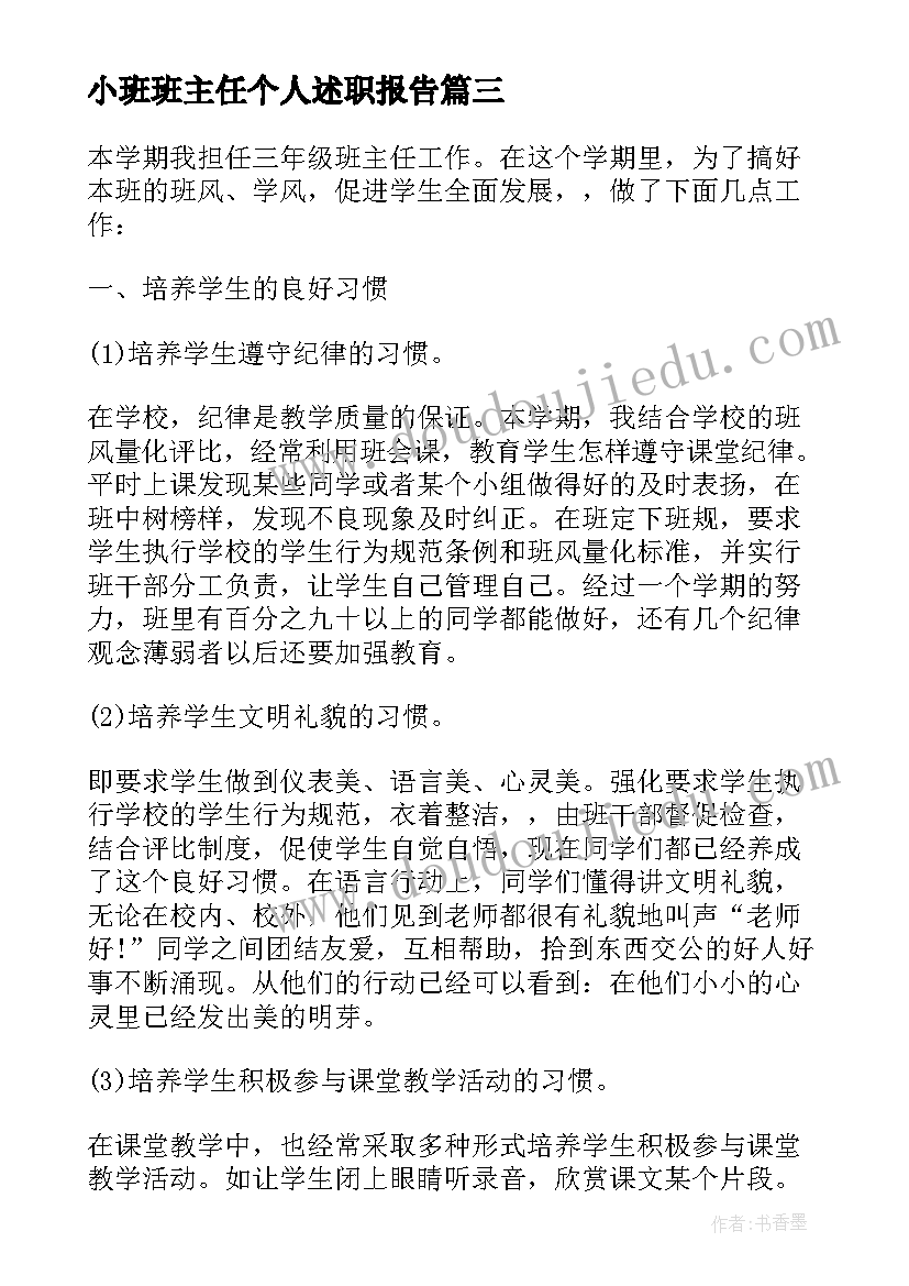 2023年小班班主任个人述职报告 小学班主任个人述职报告(大全10篇)