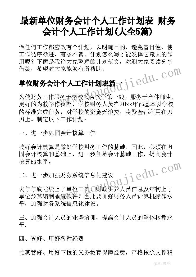 最新单位财务会计个人工作计划表 财务会计个人工作计划(大全5篇)