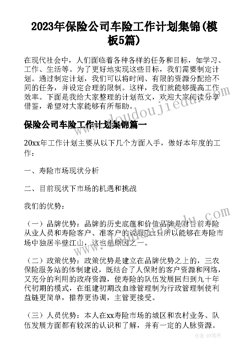 2023年保险公司车险工作计划集锦(模板5篇)