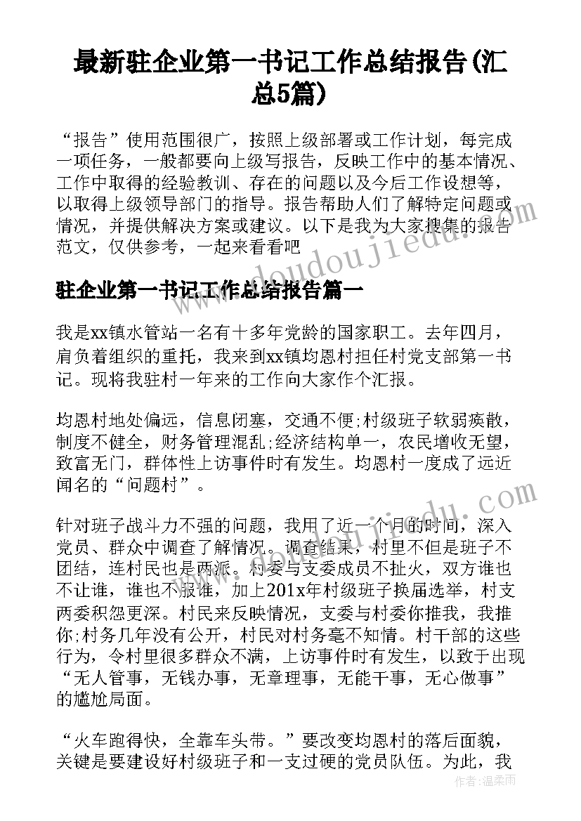 最新驻企业第一书记工作总结报告(汇总5篇)