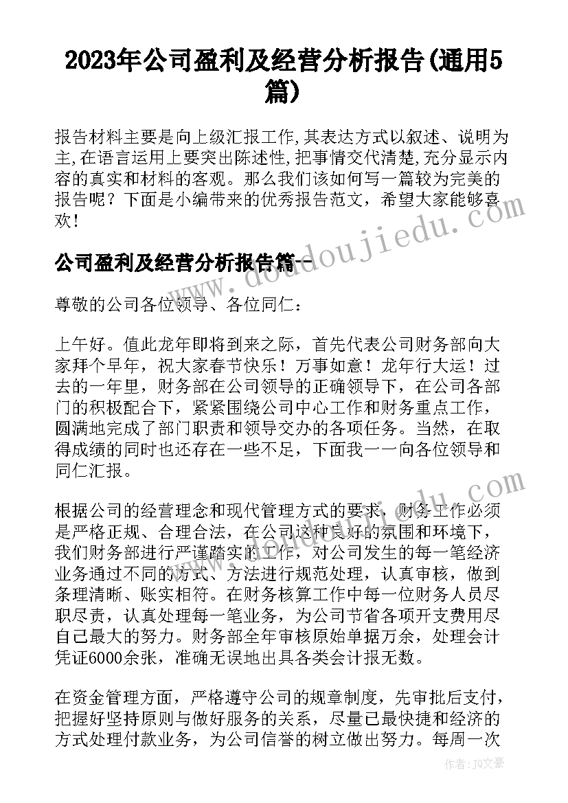 2023年公司盈利及经营分析报告(通用5篇)