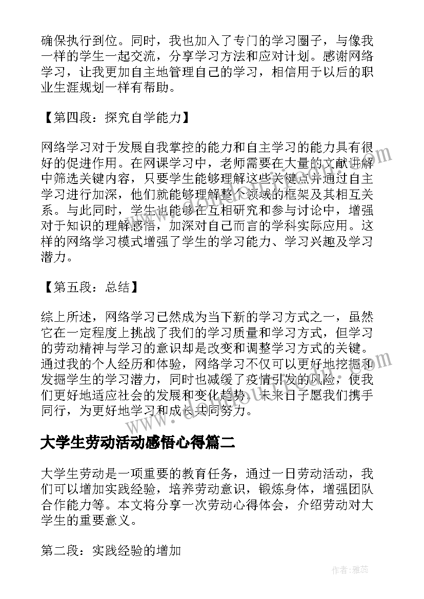 最新大学生劳动活动感悟心得(优质7篇)