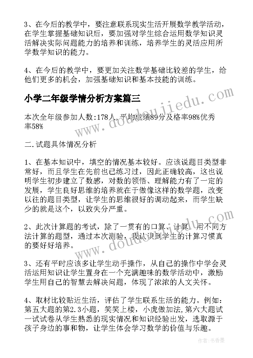 小学二年级学情分析方案 二年级数学期试质量分析报告(优质5篇)