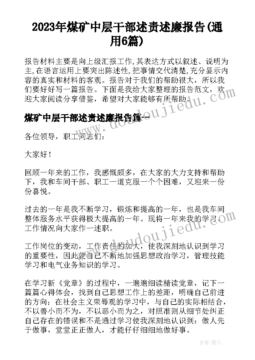 2023年煤矿中层干部述责述廉报告(通用6篇)