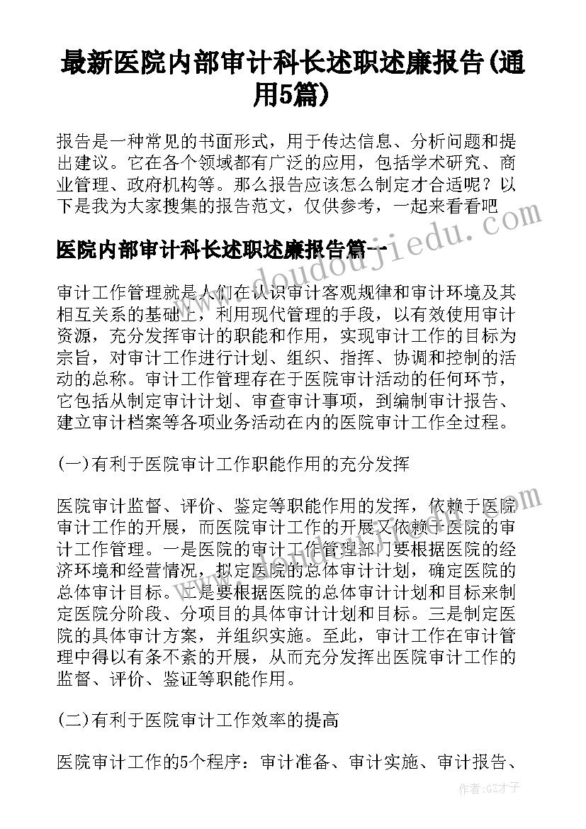 最新医院内部审计科长述职述廉报告(通用5篇)