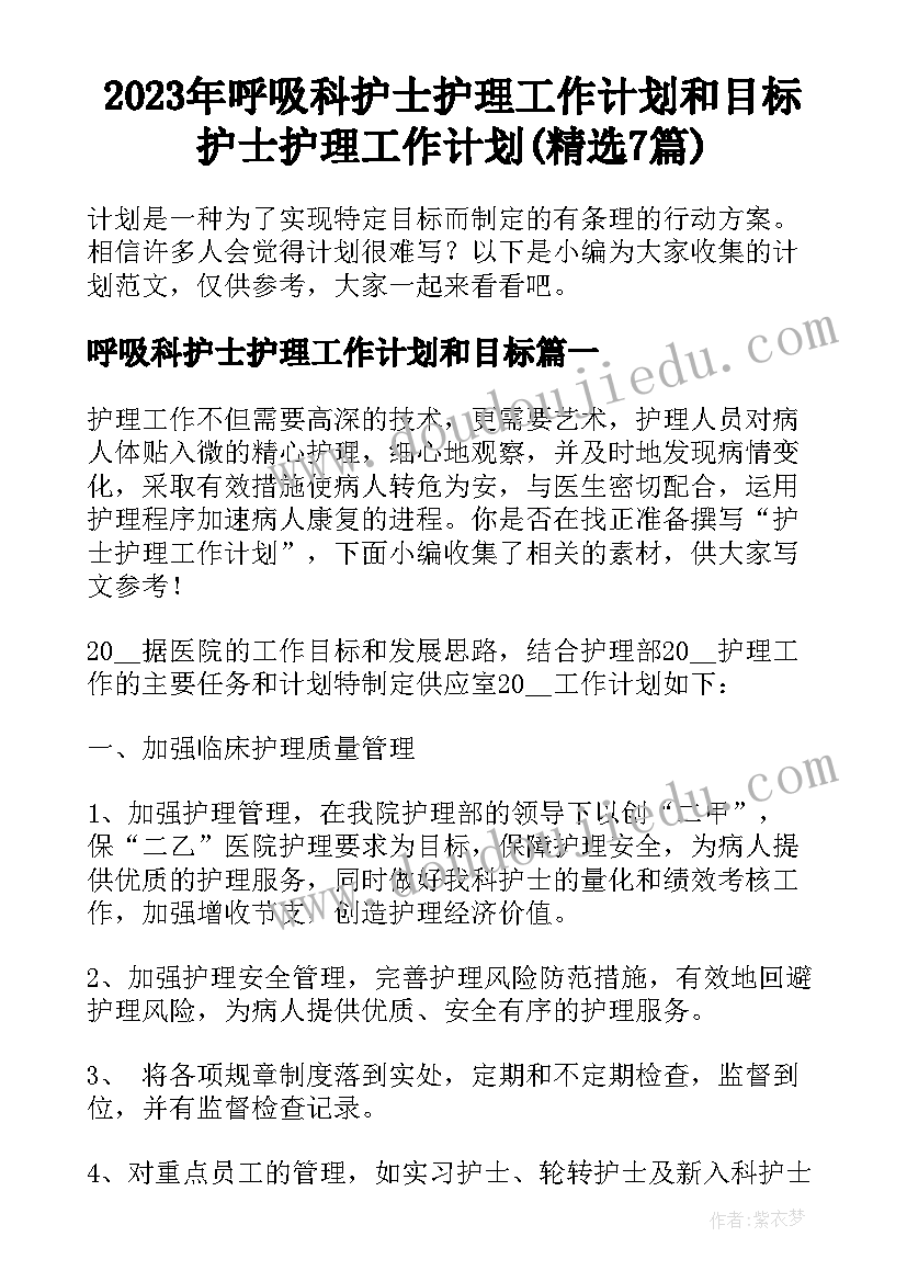 2023年呼吸科护士护理工作计划和目标 护士护理工作计划(精选7篇)