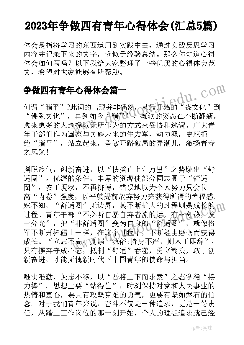 2023年争做四有青年心得体会(汇总5篇)