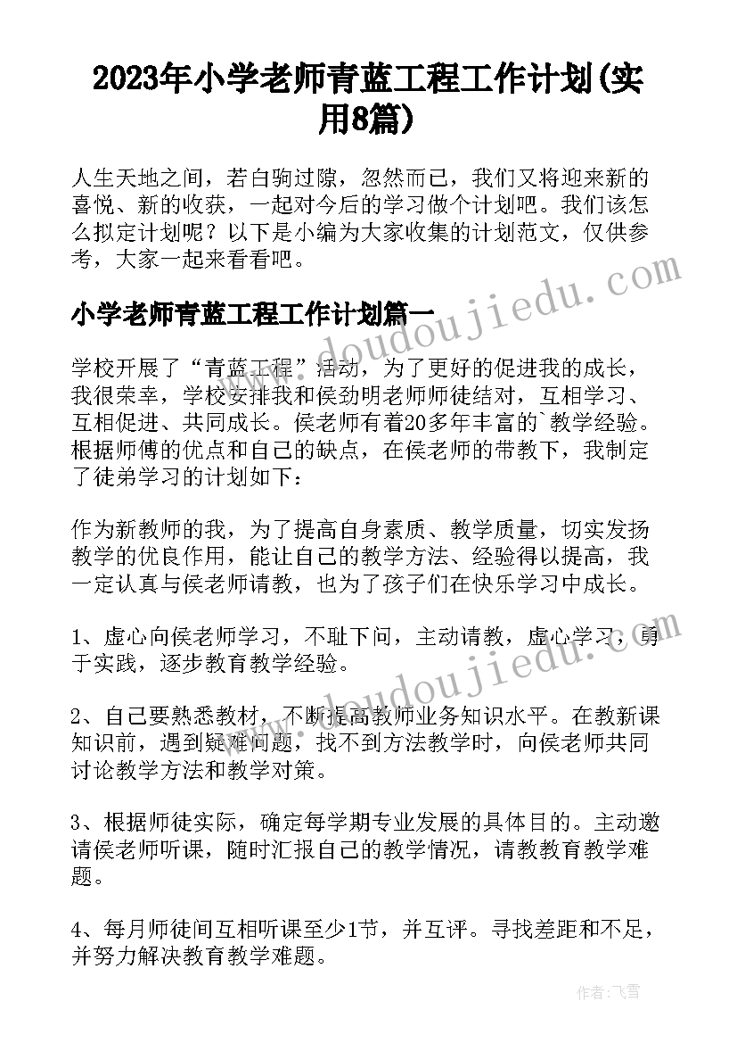 2023年小学老师青蓝工程工作计划(实用8篇)