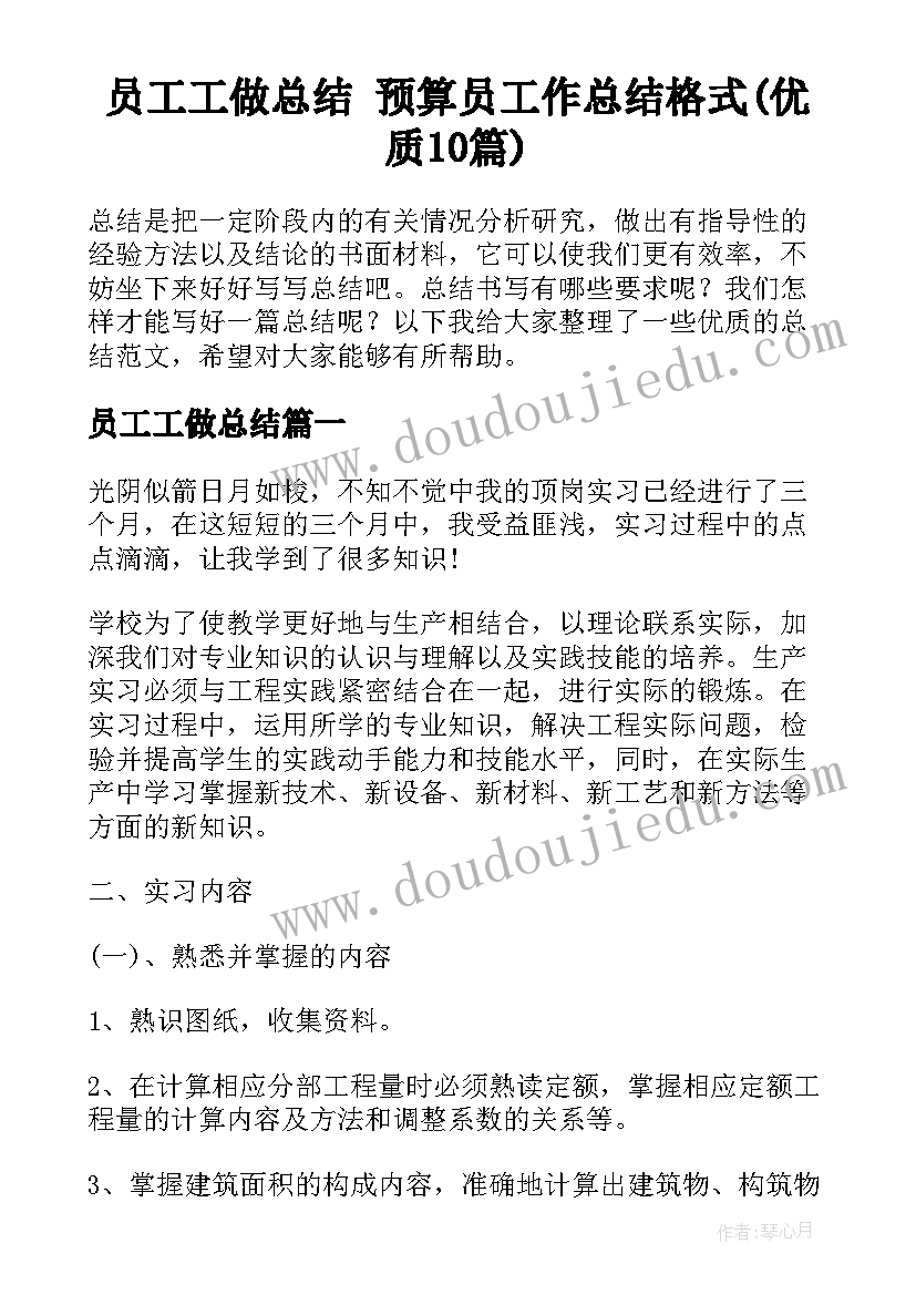 员工工做总结 预算员工作总结格式(优质10篇)