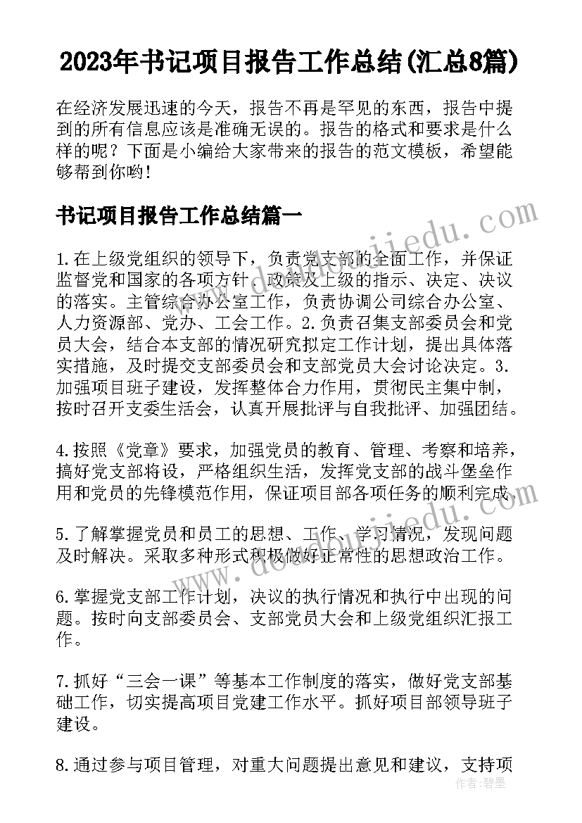 2023年书记项目报告工作总结(汇总8篇)