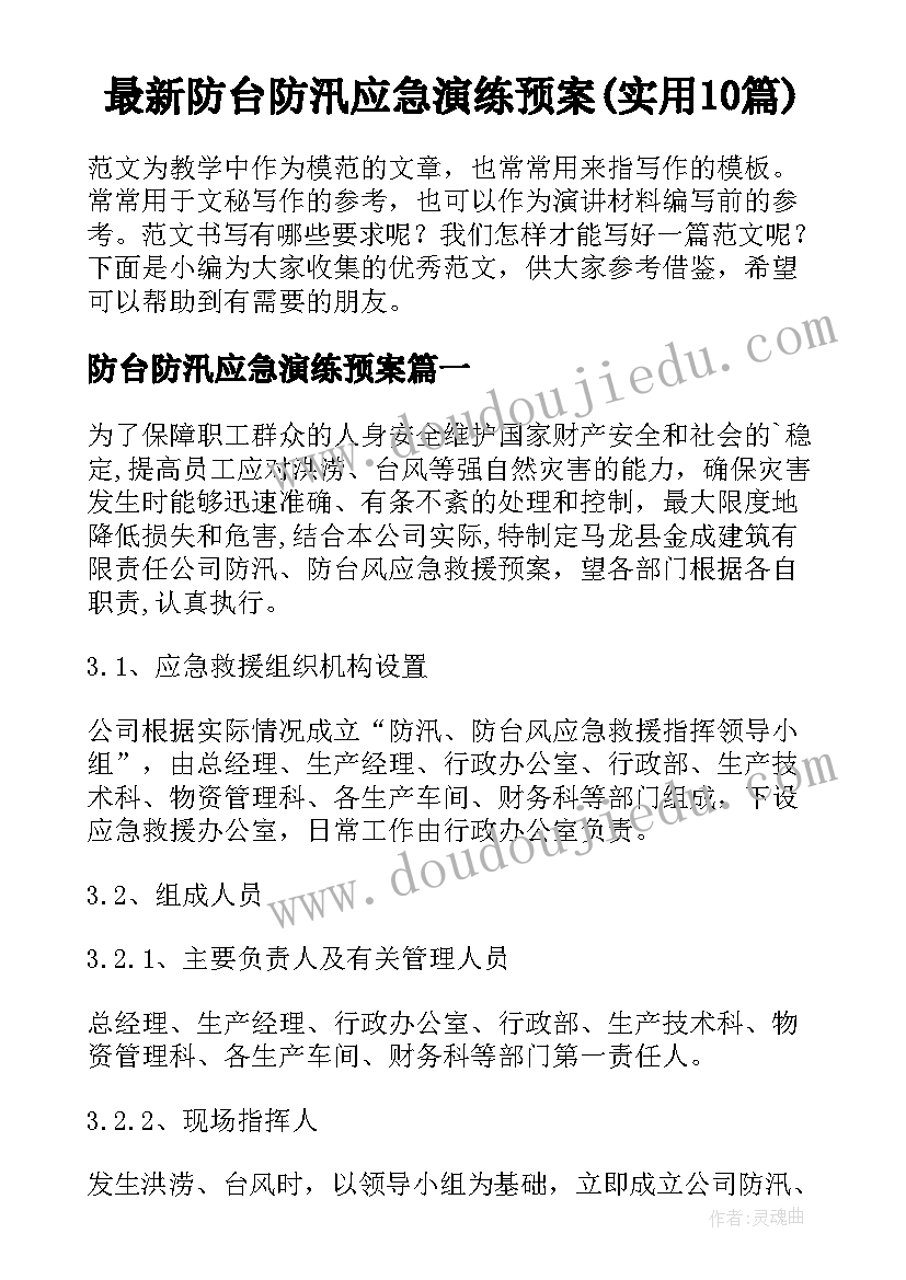 最新防台防汛应急演练预案(实用10篇)